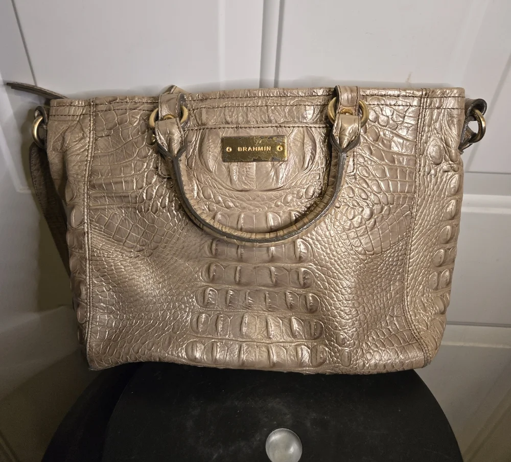 Authentic Brahmin Mini Arno Melbourne Beige Leather Satchel Handbag Shoulder Bag - Picture 1 of 11